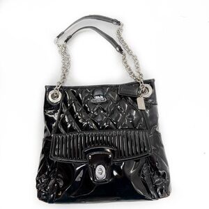 Coach Poppy Liquid Gloss Black/Pink Quilted Patent Leather Tote Shoulder Bag